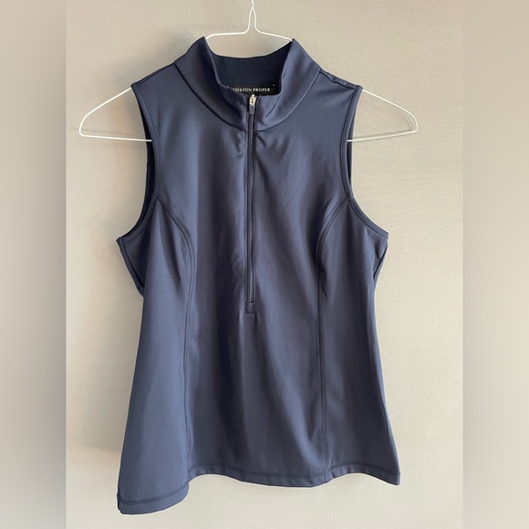 Boston Proper Zip Front Tailored Sleeveless Shirt. Color Navy. Size Extra Small. - Picture 3 of 6
